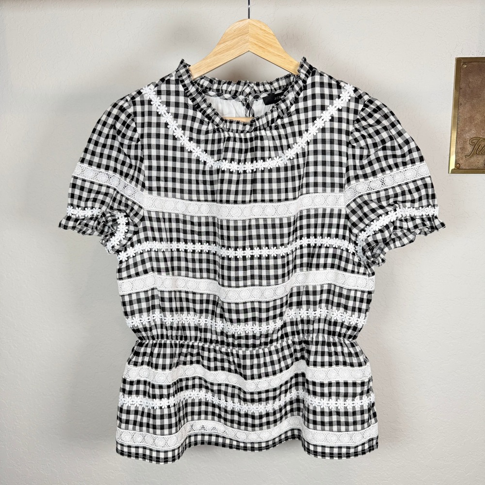 J.Crew Women Black‎ White Gingham Lace Trim Peplum Top XS Ruffle Neck